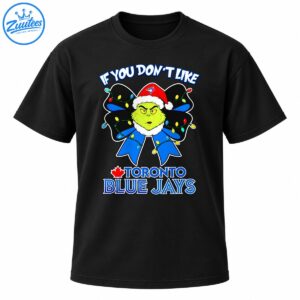 Grumpy green character in a Santa hat on a blue bow with Christmas lights and Toronto Blue Jays lettering