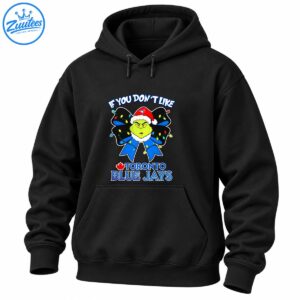 Grumpy green character in a Santa hat on a blue bow with Christmas lights and Toronto Blue Jays lettering