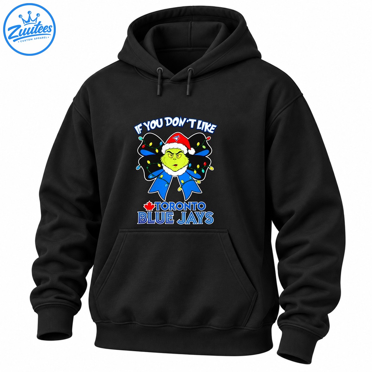 Grumpy green character in a Santa hat on a blue bow with Christmas lights and Toronto Blue Jays lettering Grumpy green character in a Santa hat on a blue bow with Christmas lights and Toronto Blue Jays lettering