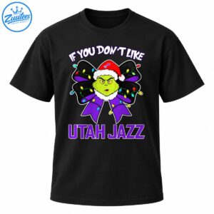 Grumpy green holiday character in a Santa hat on a purple bow with colorful Christmas lights and Utah Jazz lettering
