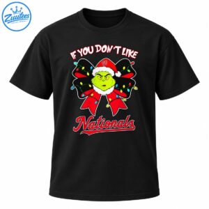 Grumpy green Christmas character in a Santa hat with a red bow, colorful lights, and Nationals lettering
