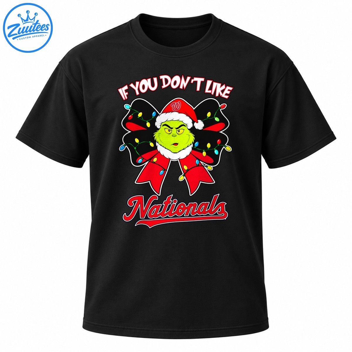 Grumpy green Christmas character in a Santa hat with a red bow, colorful lights, and Nationals lettering Grumpy green Christmas character in a Santa hat with a red bow, colorful lights, and Nationals lettering