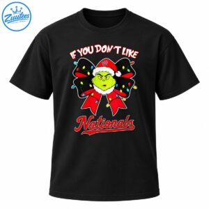 Grinch-like green character in a Santa hat framed by a Christmas light-covered bow, with red Nationals lettering and white holiday text.