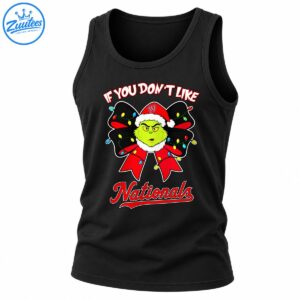 Grinch-like green character in a Santa hat framed by a Christmas light-covered bow, with red Nationals lettering and white holiday text.