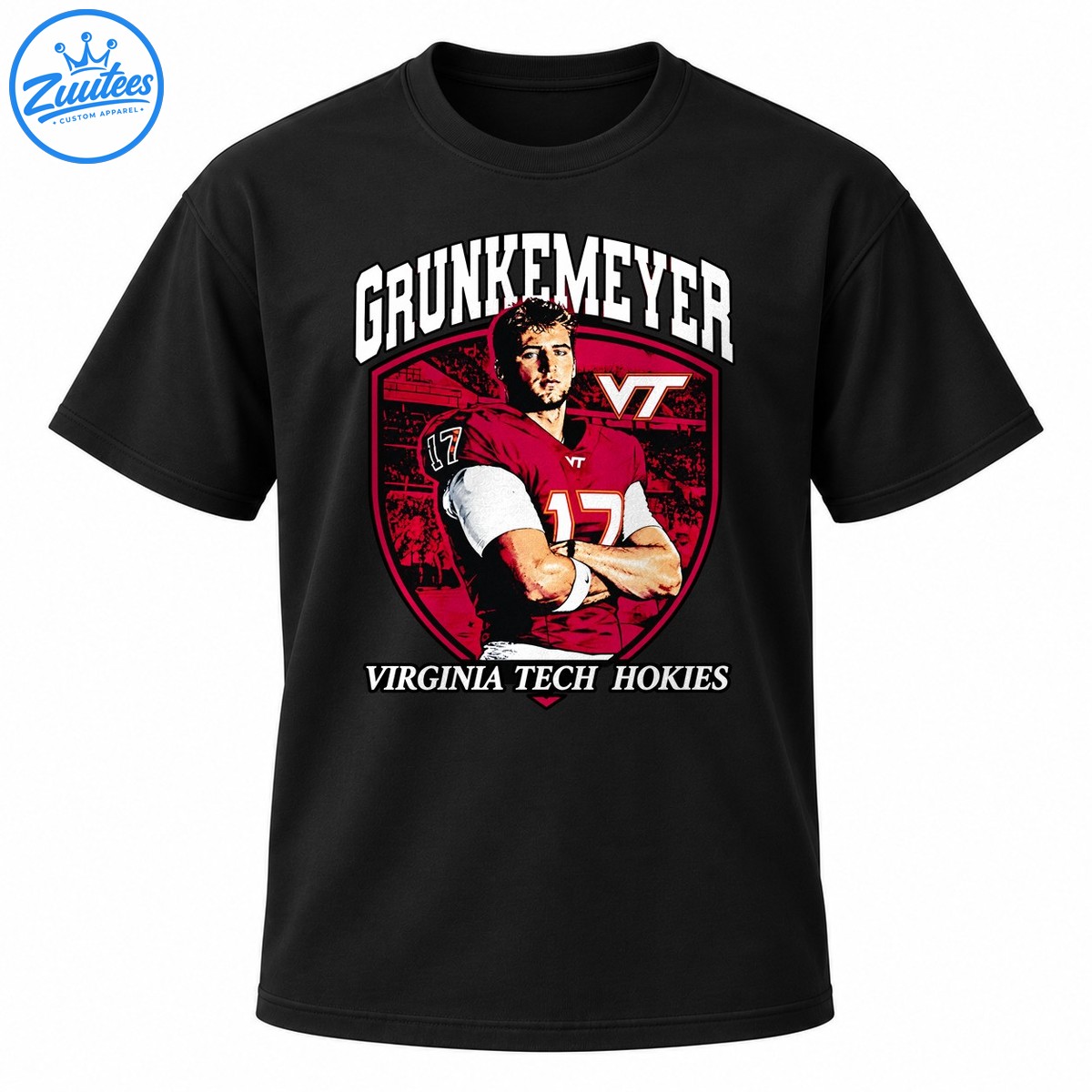 Grunkemeyer number 17 football player graphic with maroon jersey, stadium crest, and Virginia Tech Hokies lettering Grunkemeyer number 17 football player graphic with maroon jersey, stadium crest, and Virginia Tech Hokies lettering