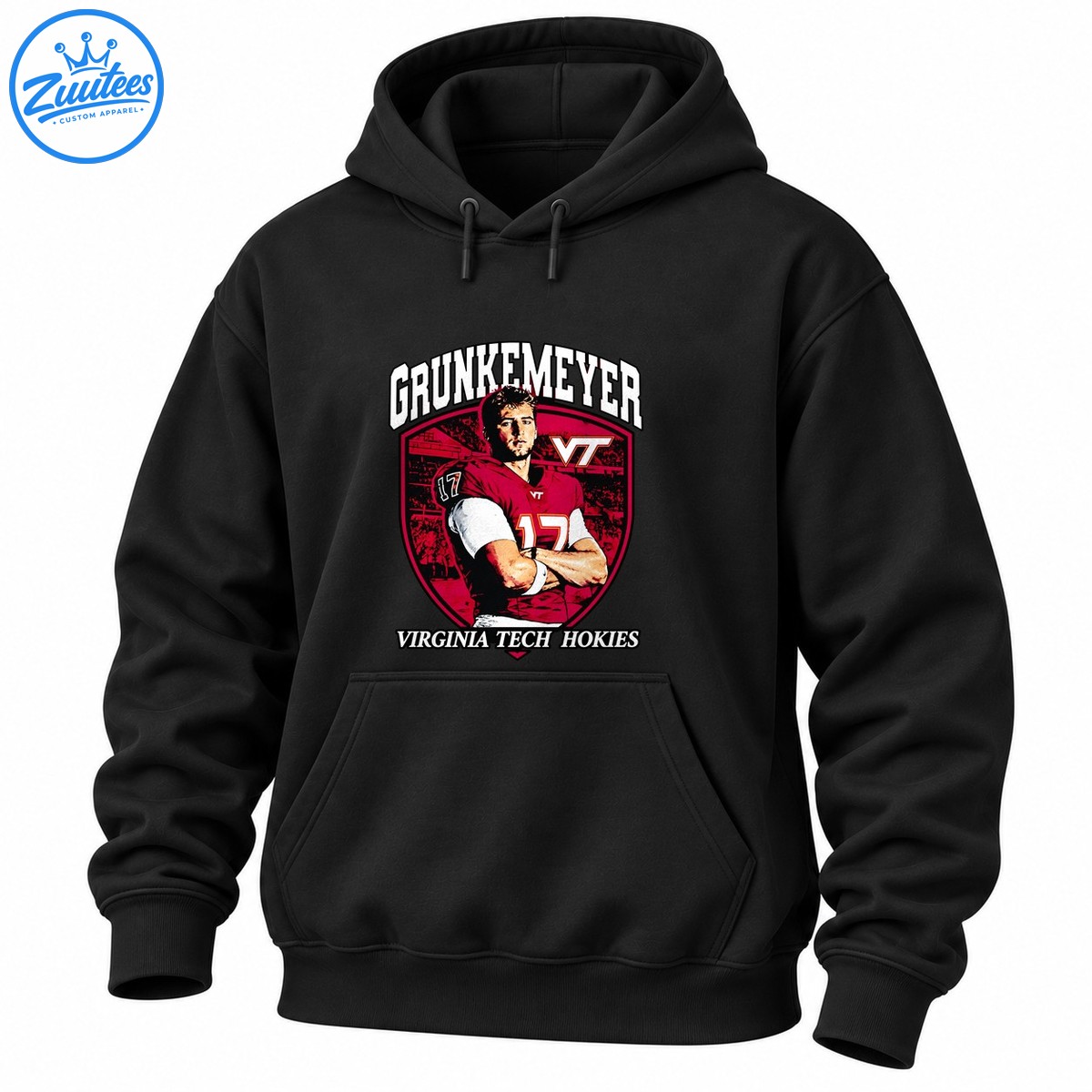 Grunkemeyer number 17 football player graphic with maroon jersey, stadium crest, and Virginia Tech Hokies lettering Grunkemeyer number 17 football player graphic with maroon jersey, stadium crest, and Virginia Tech Hokies lettering