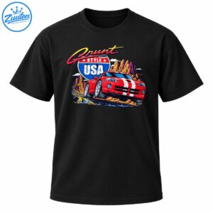 Grunt Style USA graphic with red sports car, white racing stripes, vintage highway shield, and desert canyon