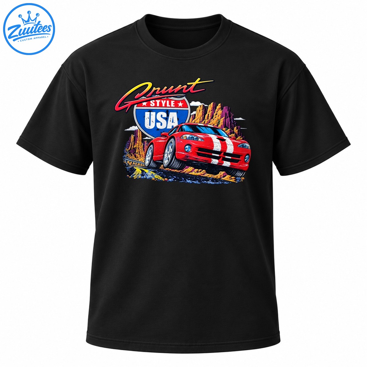 Grunt Style USA graphic with red sports car, white racing stripes, vintage highway shield, and desert canyon Grunt Style USA graphic with red sports car, white racing stripes, vintage highway shield, and desert canyon