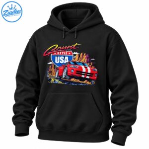 Grunt Style USA graphic with red sports car, white racing stripes, vintage highway shield, and desert canyon