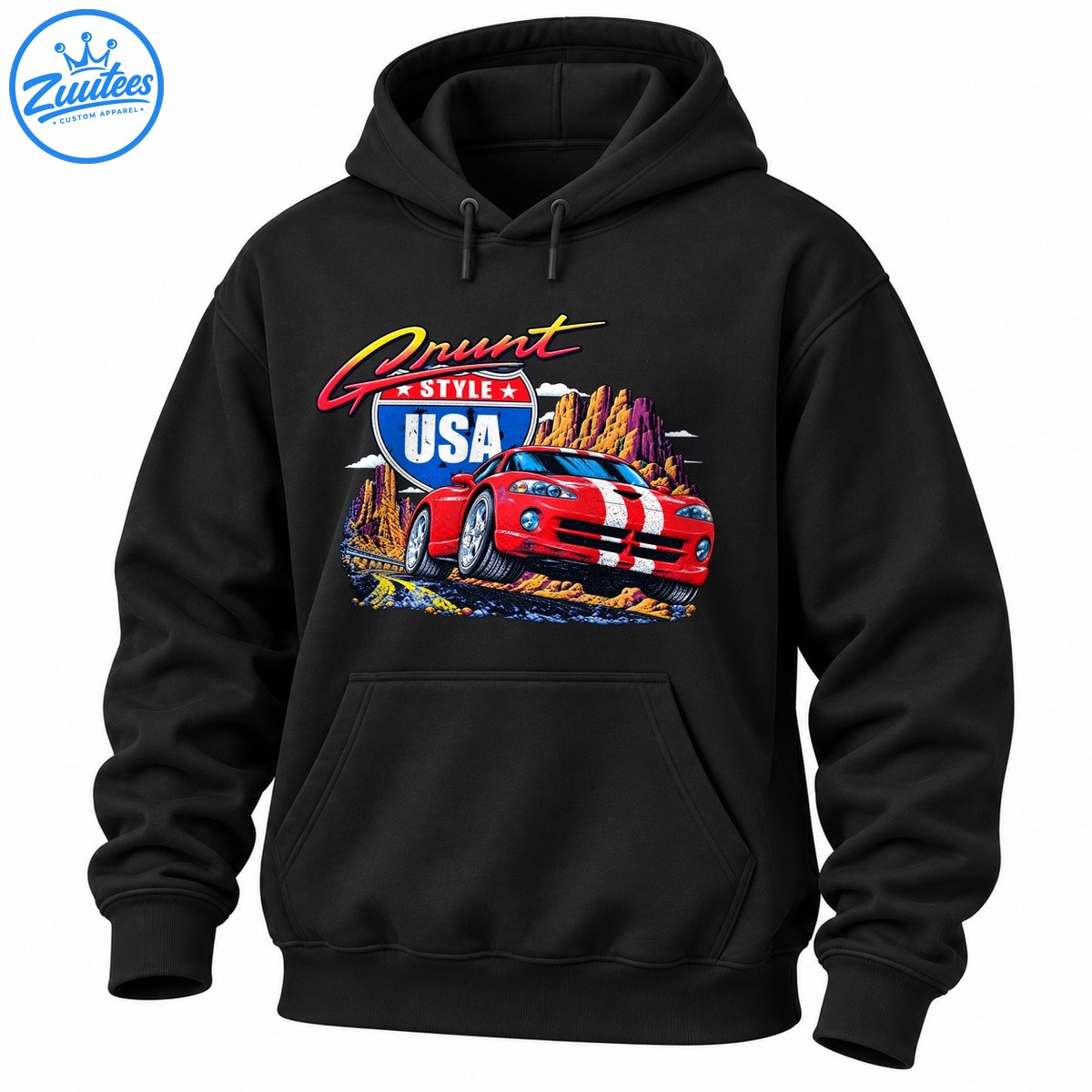 Grunt Style USA graphic with red sports car, white racing stripes, vintage highway shield, and desert canyon Grunt Style USA graphic with red sports car, white racing stripes, vintage highway shield, and desert canyon