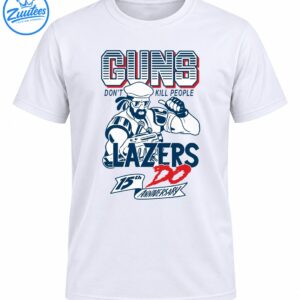 Guns Don't Kill People Lazers Do 15th Anniversary Shirt with a muscular cartoon character, navy lettering, and red accents