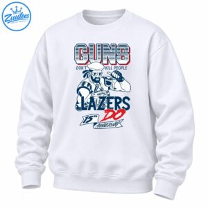 Guns Don't Kill People Lazers Do 15th Anniversary Shirt with a muscular cartoon character, navy lettering, and red accents