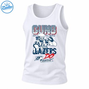 Guns Don't Kill People Lazers Do 15th Anniversary Shirt with a muscular cartoon character, navy lettering, and red accents