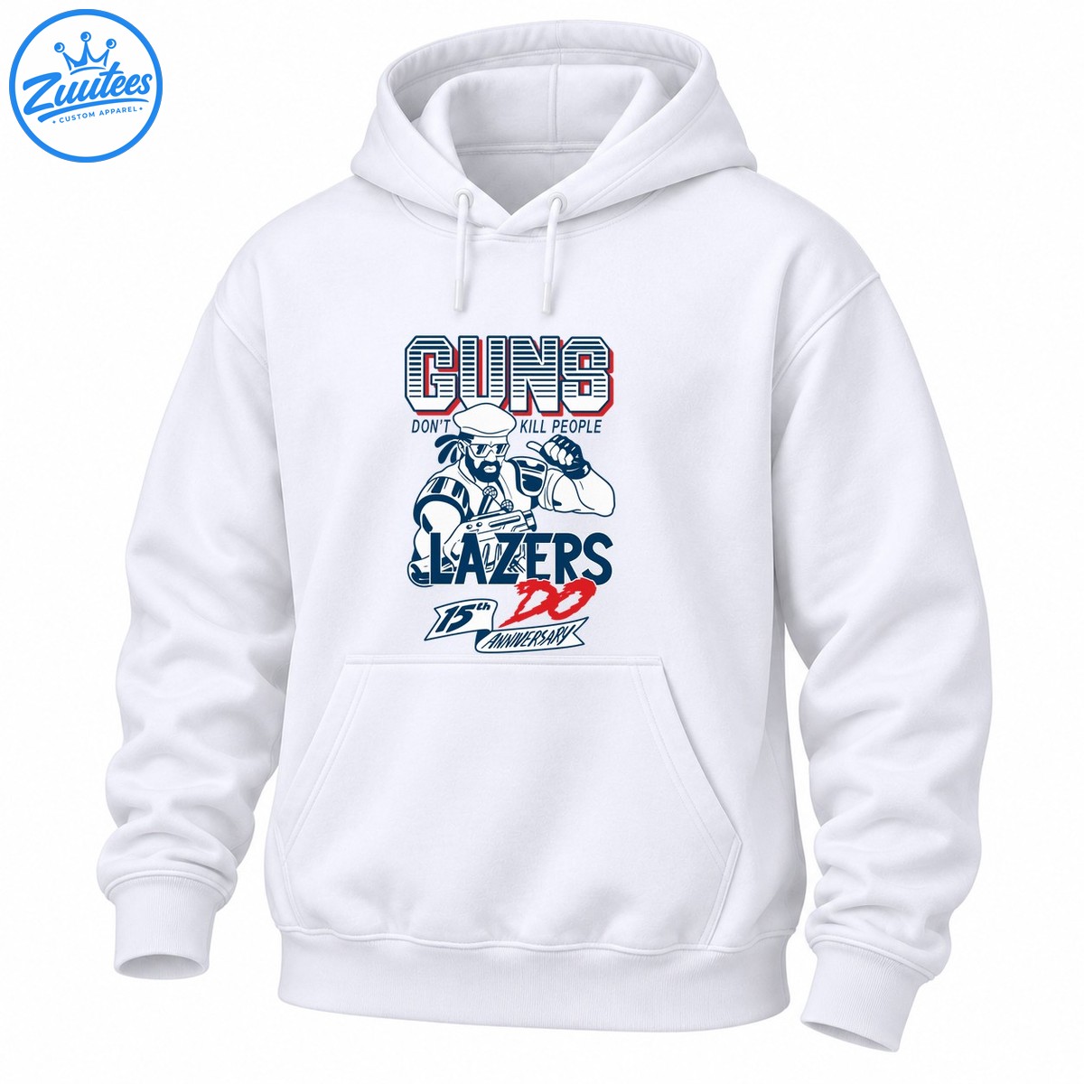 Guns Don't Kill People Lazers Do 15th Anniversary Shirt with a muscular cartoon character, navy lettering, and red accents Guns Don't Kill People Lazers Do 15th Anniversary Shirt with a muscular cartoon character, navy lettering, and red accents