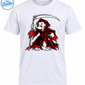 Red and black hooded grim reaper mascot holding a curved scythe with white details and vertical OSU lettering