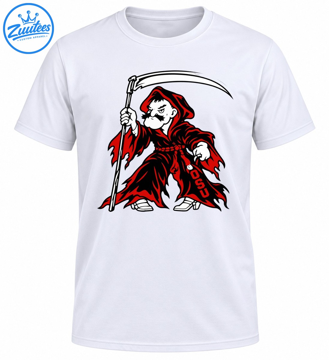 Red and black hooded grim reaper mascot holding a curved scythe with white details and vertical OSU lettering Red and black hooded grim reaper mascot holding a curved scythe with white details and vertical OSU lettering