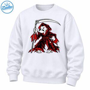 Red and black hooded grim reaper mascot holding a curved scythe with white details and vertical OSU lettering