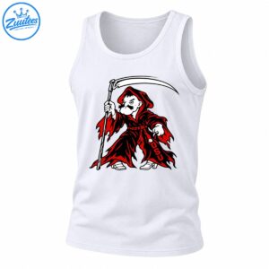 Red and black hooded grim reaper mascot holding a curved scythe with white details and vertical OSU lettering
