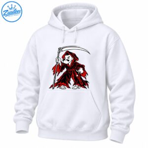 Red and black hooded grim reaper mascot holding a curved scythe with white details and vertical OSU lettering