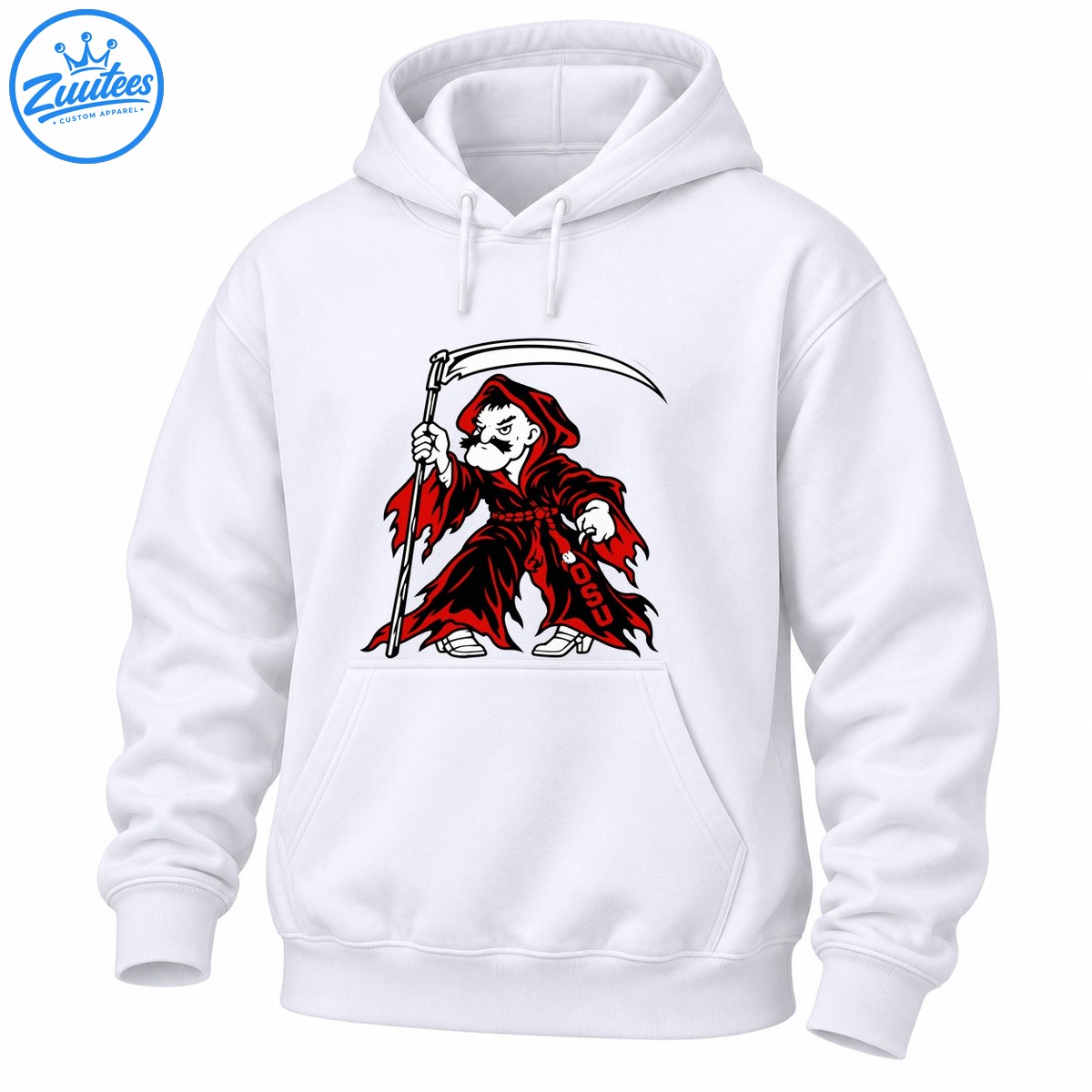 Red and black hooded grim reaper mascot holding a curved scythe with white details and vertical OSU lettering Red and black hooded grim reaper mascot holding a curved scythe with white details and vertical OSU lettering