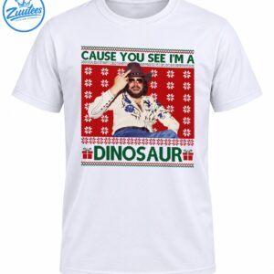Retro Christmas graphic featuring a bearded cowboy in sunglasses, red snowflakes, green lettering, and dinosaur text