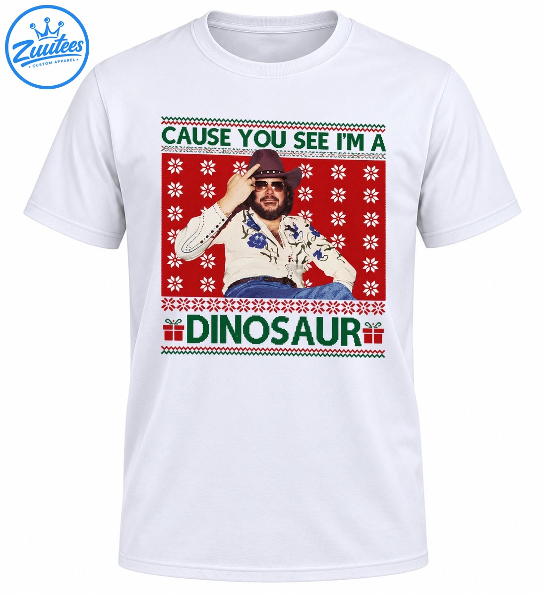 Retro Christmas graphic featuring a bearded cowboy in sunglasses, red snowflakes, green lettering, and dinosaur text Retro Christmas graphic featuring a bearded cowboy in sunglasses, red snowflakes, green lettering, and dinosaur text