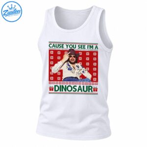 Retro Christmas graphic featuring a bearded cowboy in sunglasses, red snowflakes, green lettering, and dinosaur text
