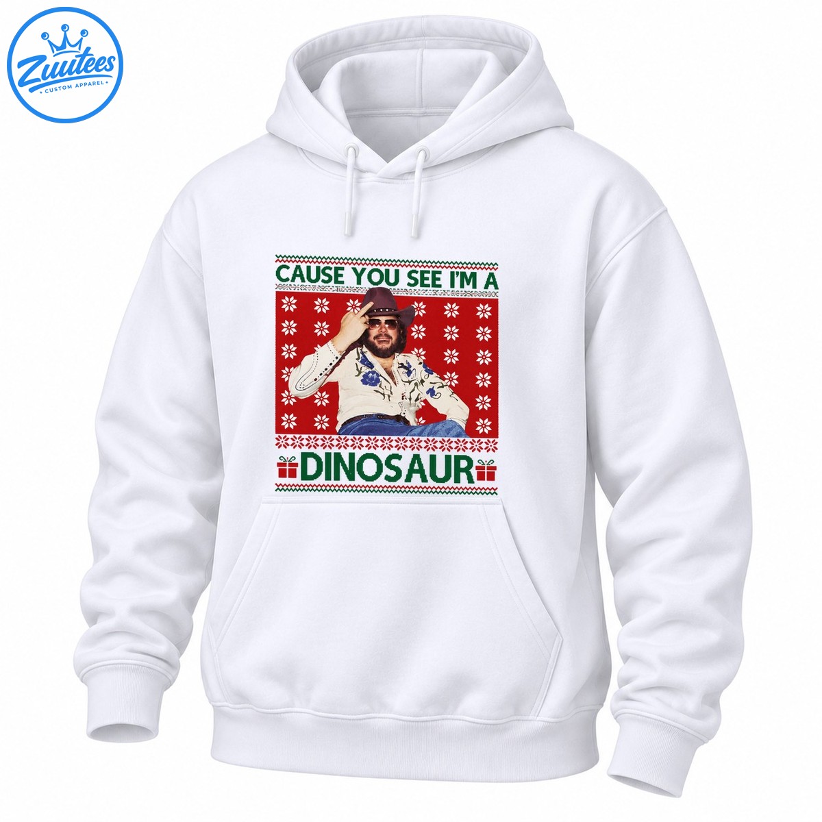 Retro Christmas graphic featuring a bearded cowboy in sunglasses, red snowflakes, green lettering, and dinosaur text Retro Christmas graphic featuring a bearded cowboy in sunglasses, red snowflakes, green lettering, and dinosaur text