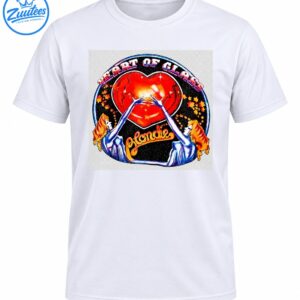 Heart of Glass graphic with a glowing red heart, silver-blue figures, golden stars, and retro Blondie lettering