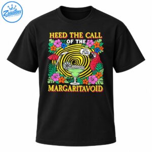 Heed The Call Of The Margaritavoid graphic with red parrot, green margarita, yellow spiral and tropical flowers