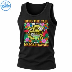 Heed The Call Of The Margaritavoid graphic with red parrot, green margarita, yellow spiral and tropical flowers