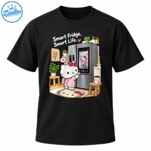 Cute white cartoon cat with a pink bow beside a touchscreen refrigerator, surrounded by plants and kitchen decor.