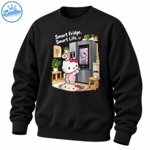 Cute white cartoon cat with a pink bow beside a touchscreen refrigerator, surrounded by plants and kitchen decor.