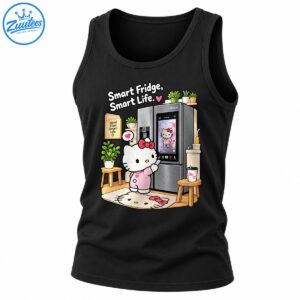 Cute white cartoon cat with a pink bow beside a touchscreen refrigerator, surrounded by plants and kitchen decor.