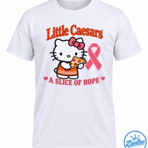 White cartoon cat with a pink bow holding pepperoni pizza beside a pink ribbon and A Slice of Hope text