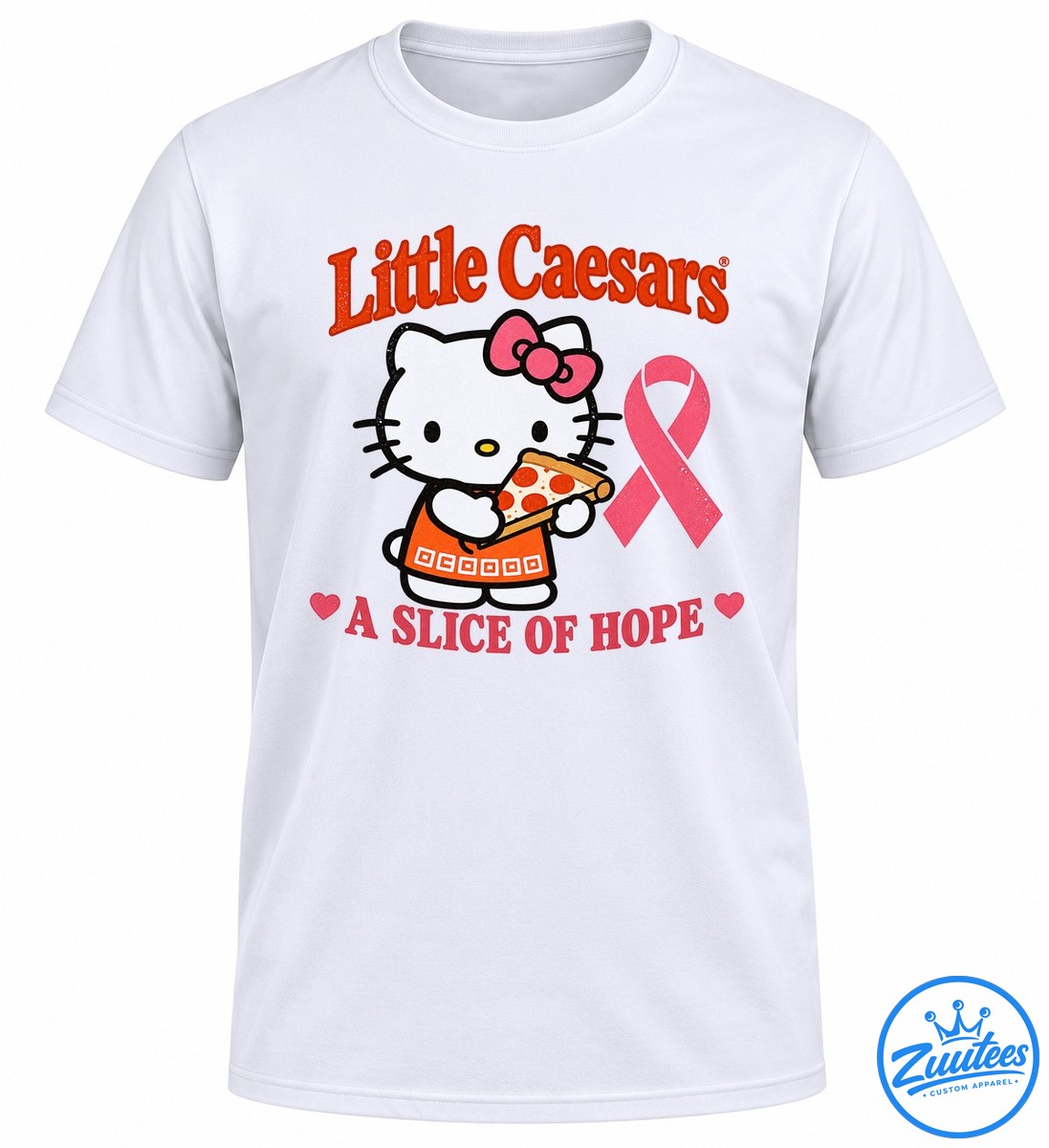 Hello Kitty X Little Caesars A Slice Of Hope Shirt White cartoon cat with a pink bow holding pepperoni pizza beside a pink ribbon and A Slice of Hope text