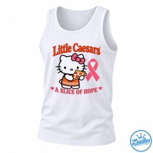 White cartoon cat with a pink bow holding pepperoni pizza beside a pink ribbon and A Slice of Hope text