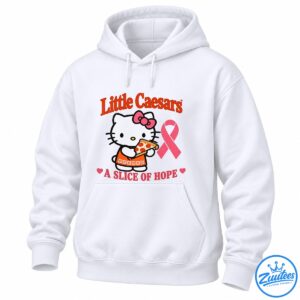 White cartoon cat with a pink bow holding pepperoni pizza beside a pink ribbon and A Slice of Hope text