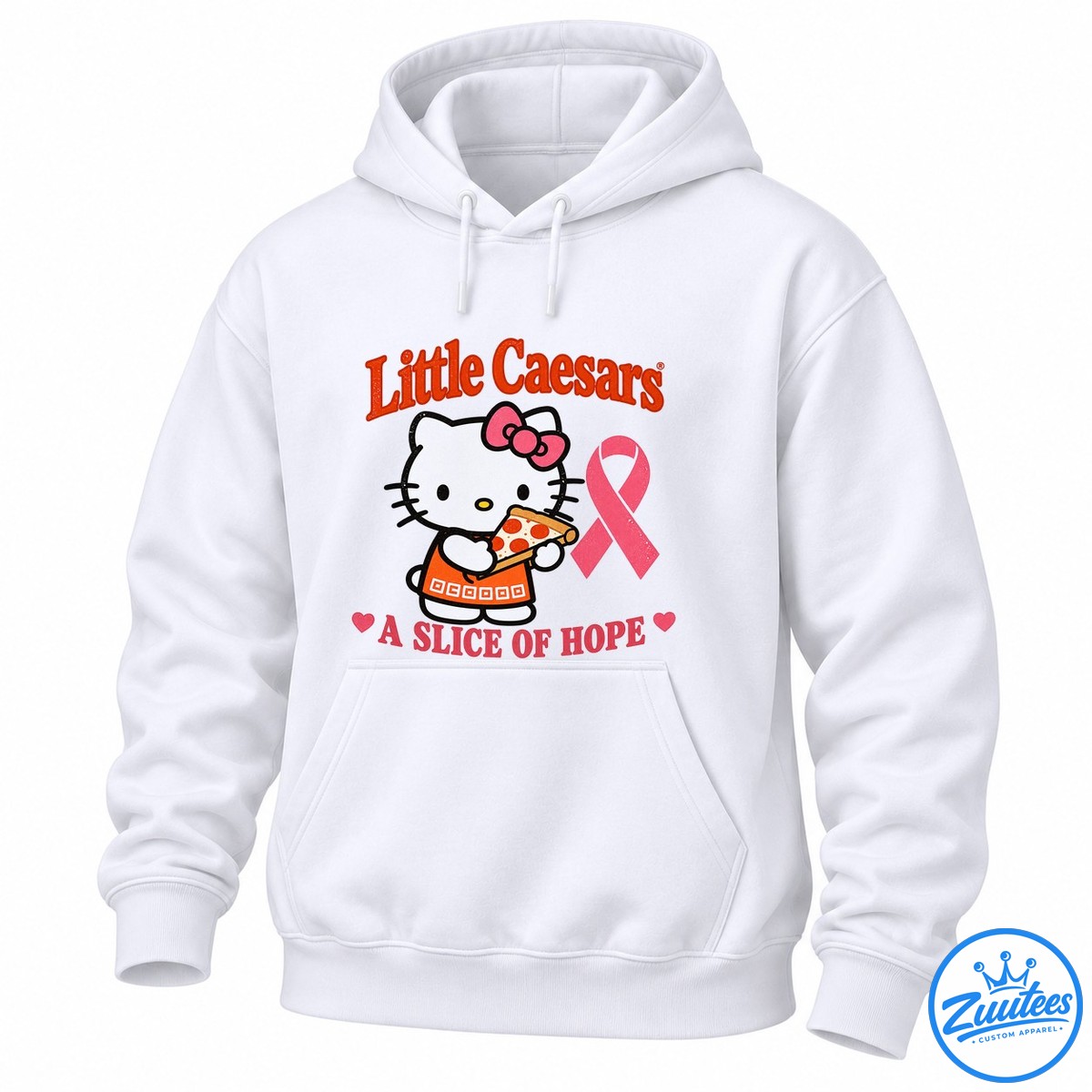 Hello Kitty X Little Caesars A Slice Of Hope Shirt White cartoon cat with a pink bow holding pepperoni pizza beside a pink ribbon and A Slice of Hope text