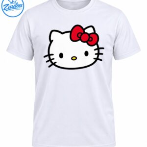 Cute white cat face graphic with black outlines, oval eyes, yellow nose, whiskers, and a bright red bow