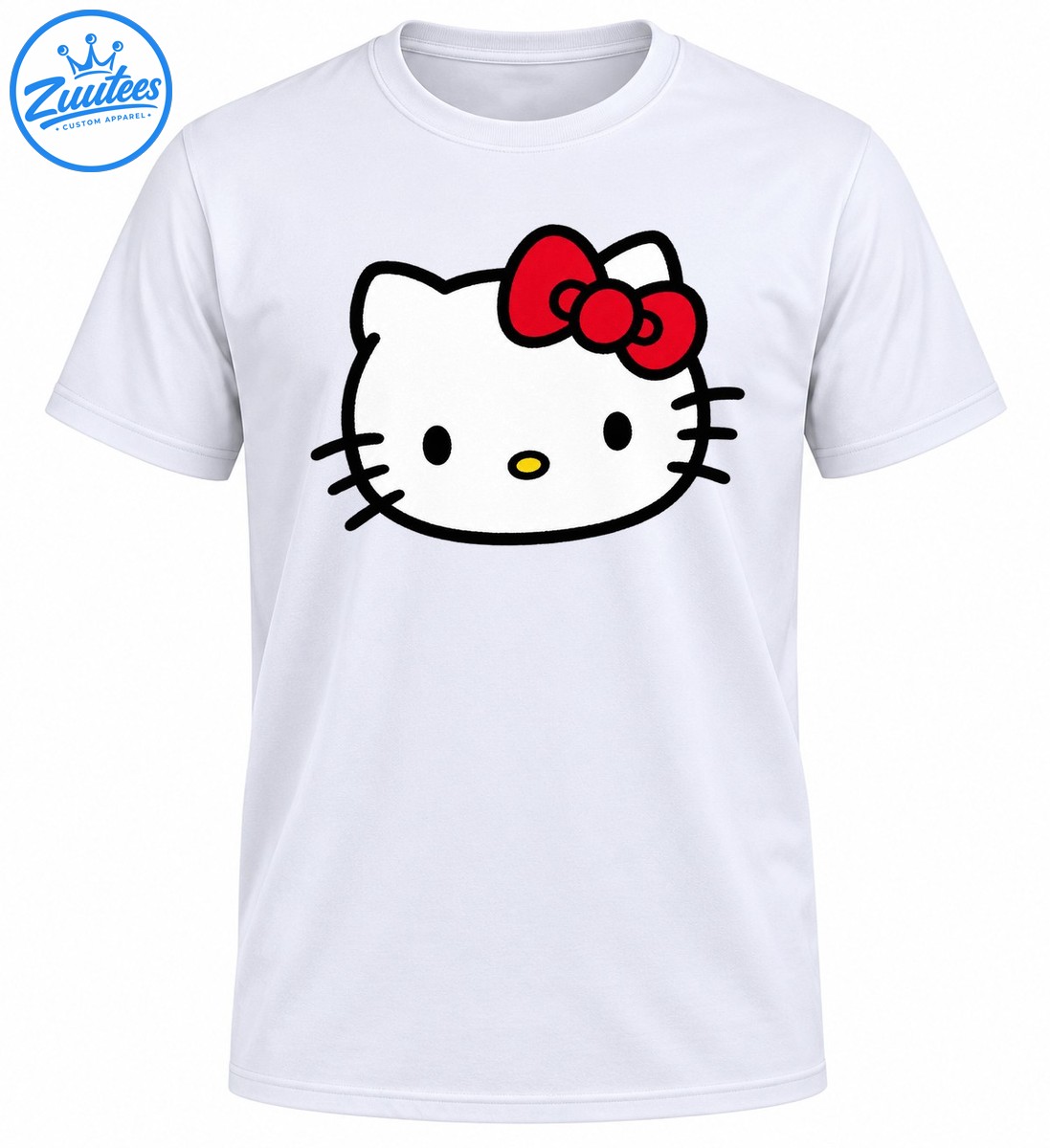 Cute white cat face graphic with black outlines, oval eyes, yellow nose, whiskers, and a bright red bow Cute white cat face graphic with black outlines, oval eyes, yellow nose, whiskers, and a bright red bow