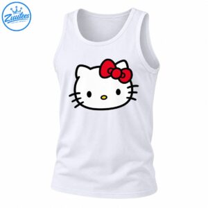 Cute white cat face graphic with black outlines, oval eyes, yellow nose, whiskers, and a bright red bow
