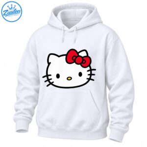Cute white cat face graphic with black outlines, oval eyes, yellow nose, whiskers, and a bright red bow