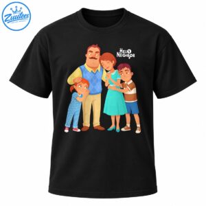 Hello Neighbor family portrait shirt design featuring four cartoon characters and white HELLO NEIGHBOR lettering