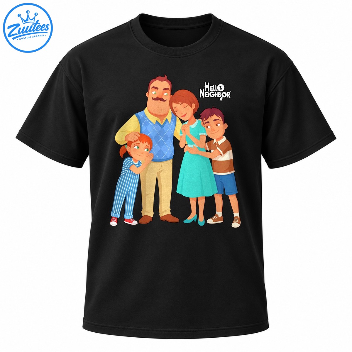 Hello Neighbor family portrait shirt design featuring four cartoon characters and white HELLO NEIGHBOR lettering Hello Neighbor family portrait shirt design featuring four cartoon characters and white HELLO NEIGHBOR lettering