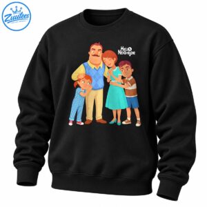 Hello Neighbor family portrait shirt design featuring four cartoon characters and white HELLO NEIGHBOR lettering