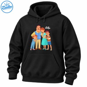 Hello Neighbor family portrait shirt design featuring four cartoon characters and white HELLO NEIGHBOR lettering