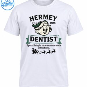 Vintage Hermey the DDS Dentist shirt design with a smiling elf, green banner, tooth extraction slogan, and Santa sleigh.