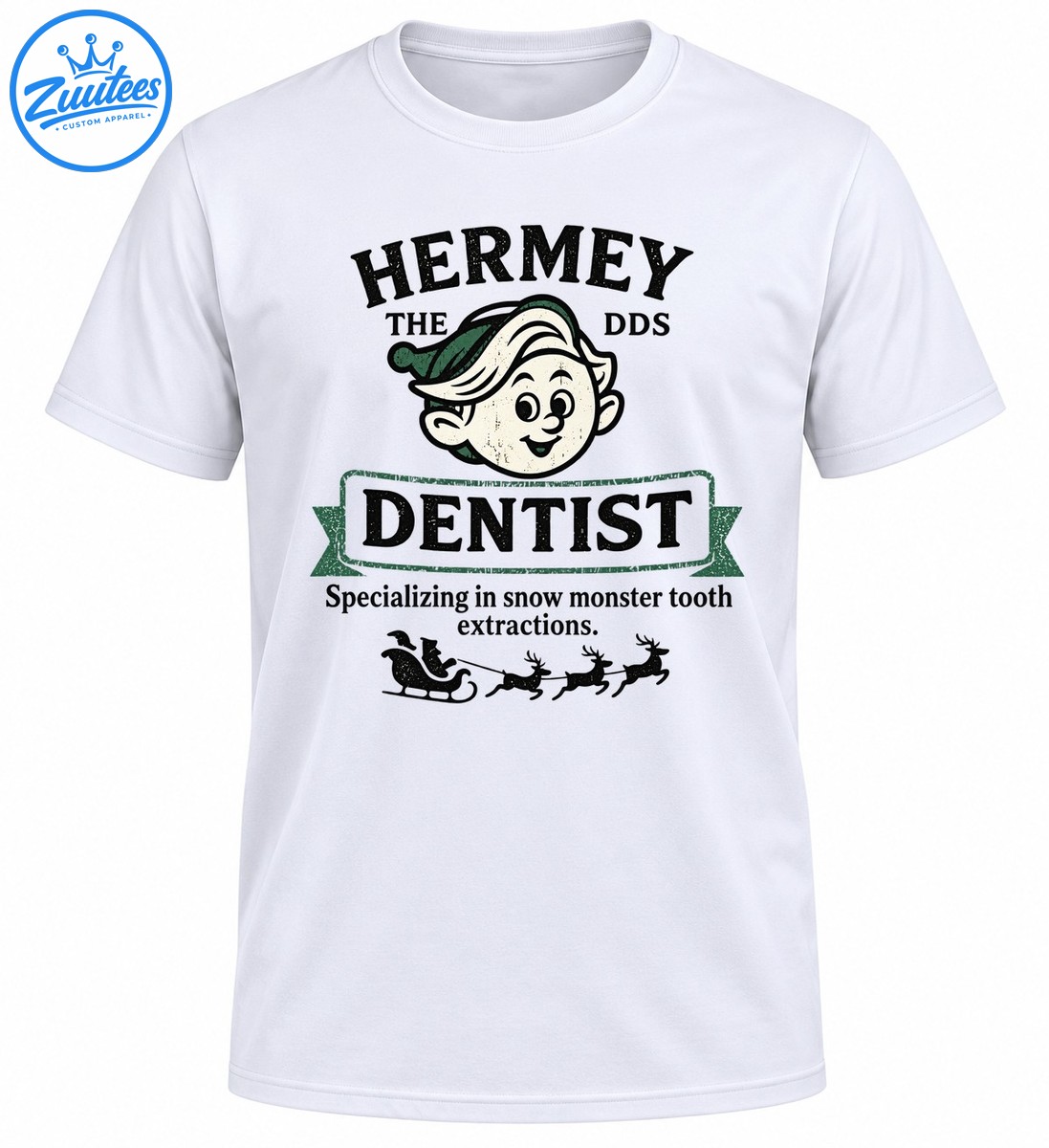 Vintage Hermey the DDS Dentist shirt design with a smiling elf, green banner, tooth extraction slogan, and Santa sleigh. Vintage Hermey the DDS Dentist shirt design with a smiling elf, green banner, tooth extraction slogan, and Santa sleigh.