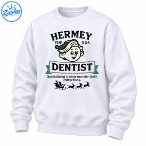 Vintage Hermey the DDS Dentist shirt design with a smiling elf, green banner, tooth extraction slogan, and Santa sleigh.